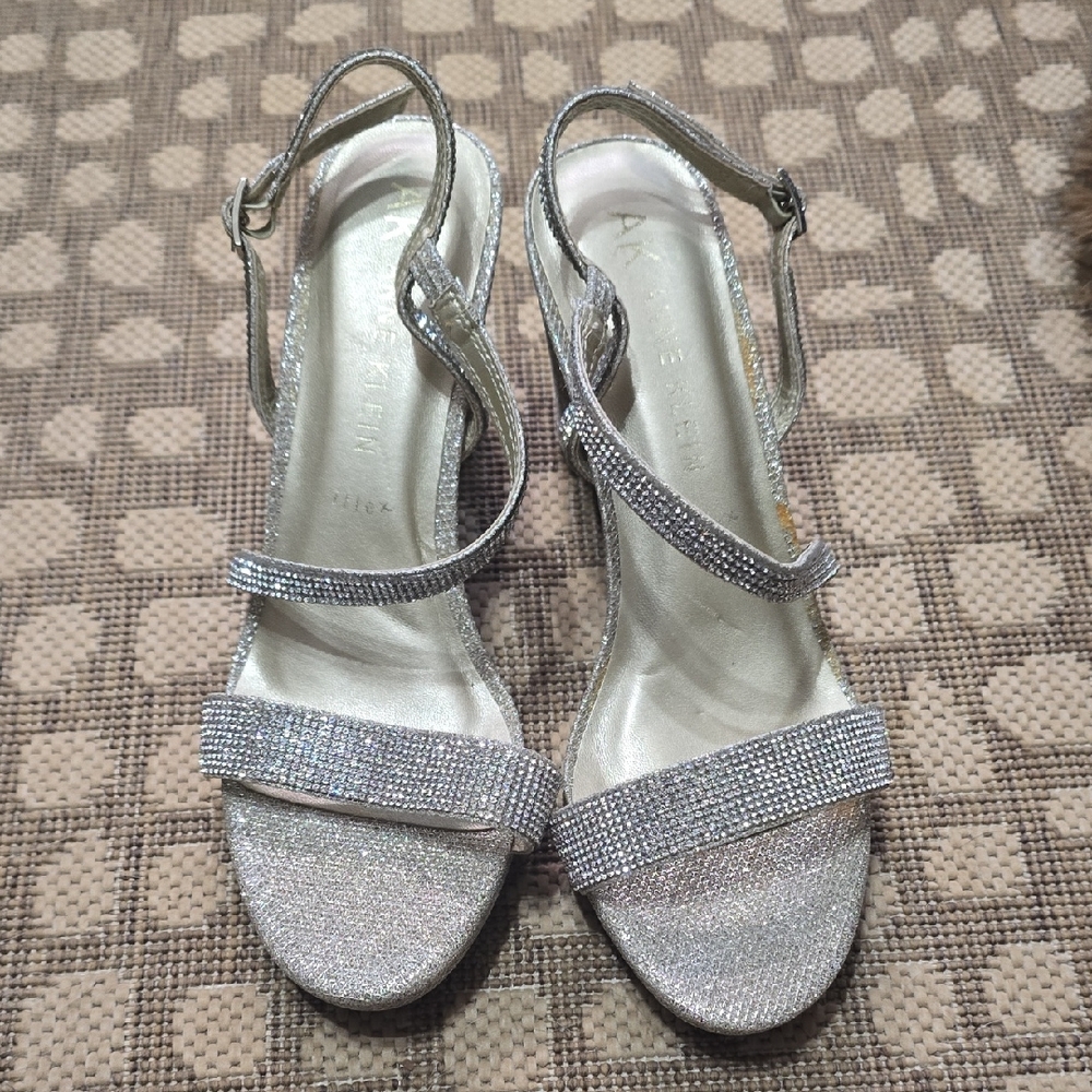 Anne Klein Diamond Shimmering Silver Strappy Block Heels Pumps